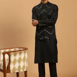 VASTRAMAY Mandarin Collar Long Sleeves Mirror Work Straight Kurta And Pyjamas With Jacket-image-18