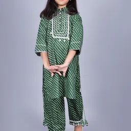 BAESD Girls Leheriya Printed Shirt Collar Gotta Patti Pure Cotton Kurta with Trousers-image-46