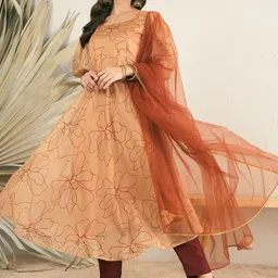 Inddus Floral Printed Organza Empire Anarkali Kurta with Trousers & Dupatta-picture-4
