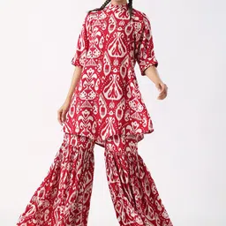 JISORA Maroon Geometric Printed Pure Cotton Tunic & Pure Silk Sharara-18
