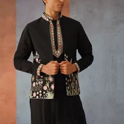 KALPRAAG Midnight Black Open Jacket Kurta Set-image-40