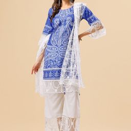 Sangria Blue Ethnic Motifs Printed Thread Work Sequinned Kurta & Trouser With Dupatta-51