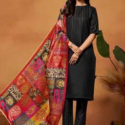 Sangria Striped Embroidered Thread Work Straight Kurta With Trouser & Dupatta-48