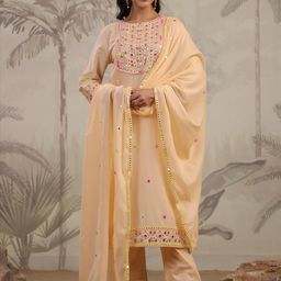 SCAKHI Round Neck Floral Embroidered Regular Mirror Work Pure Cotton Straight Kurta Set-image-47