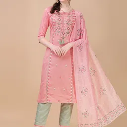 Berrylicious Pink Floral Embroidered Thread Work Chanderi Cotton Kurta with Trousers & Dupatta-image-18
