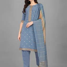Berrylicious Women Blue Embroidered Thread Work Chanderi Cotton Kurta with Trousers & With Dupatta-image-66