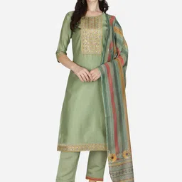 Berrylicious Women Sea Green Floral Yoke Design Thread Work Kurta With Trousers & Dupatta-image-99