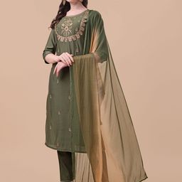 Berrylicious Ethnic Motifs Embroidered Chanderi Cotton Kurta with Trousers & Dupatta-picture-5