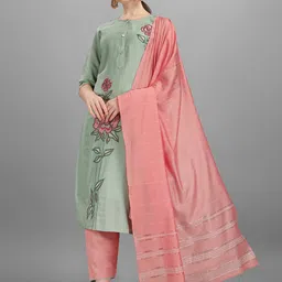 Berrylicious Women Green Floral Embroidered Cotton Kurta with Trousers & Dupatta-picture-51