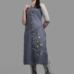 Berrylicious Women Blue Thread Work Pure Cotton Kurta with Trousers-picture-32