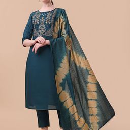 Berrylicious Women Teal Ethnic Motifs Embroidered Kurta with Trousers & Dupatta-image-95