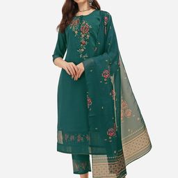 Berrylicious Women Green Floral Embroidered Chanderi Cotton Kurta with Trousers & Dupatta-picture-9