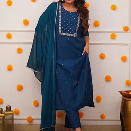 KALINI Ethnic Motifs Embroidered Regular Thread Work Kurta With Trousers & Dupatta-47