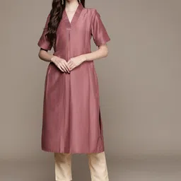 Sangria Brown V-Neck Pleated Straight Kurta With Trousers-image-54