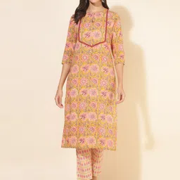 Janasya Key-Hole Neck Floral Printed Regular Pure Cotton Straight Kurta with Trousers-52