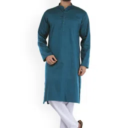 Exotic India Solid Mandarin Collar Straight Pure Cotton Kurta With Pyjamas-image-95