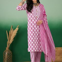 Sangria Floral Printed Pure Cotton Round Neck Straight Kurta With Trousers & Dupatta-image-21