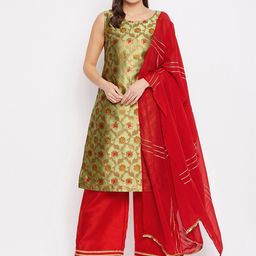 Bitterlime Women Green Floral Regular Gotta Patti Kurta with Palazzos & With Dupatta-image-18