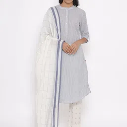 W Women Striped Pleated Pure Cotton Kurta with Slim Trousers & With Dupatta-picture-16
