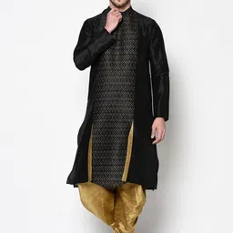 DEYANN Men Black Ethnic Motifs Angrakha Dupion Silk Kurta with Patiala-image-93
