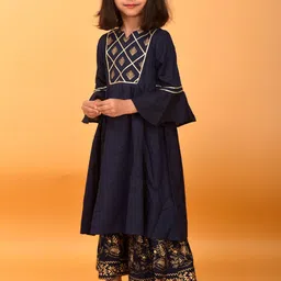 misbis Girls Blue Floral Printed High Slit Kurti with Skirt-picture-22