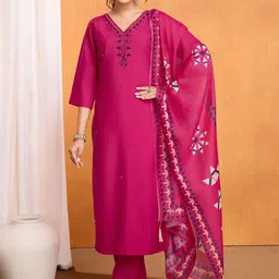 Rujave Ethnic Motifs Embroidered Mirror Work Raw Silk Kurta with Trousers & Dupatta-picture-22