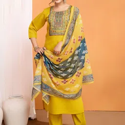 Rujave Floral Yoke Design Mirror Work Kurta with Trousers & Dupatta-image-0