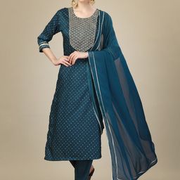 ARADHNA Ethnic Motifs Printed Thread Work Kurta with Trousers & Dupatta-image-99