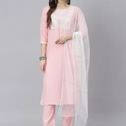 Stylum Women Pink Yoke Design Mirror Work Kurta with Trousers & With Dupatta-image-13