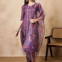 RAJGRANTH Floral Embroidered Regular Thread Work Straight Kurta With Trousers & Dupatta-image-4