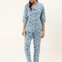 Rapra The Label Women Blue & White Pure Cotton Coffee Print Night Suit with Eye Mask-image-47