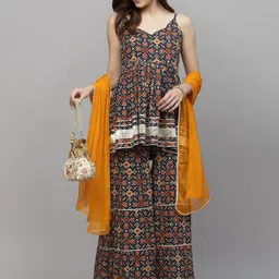 Stylum Women Navy Blue Printed Pleated Gotta Patti Kurti with Sharara & With Dupatta-picture-0