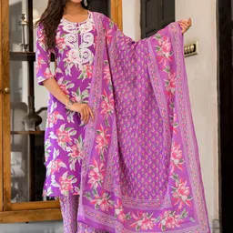 Sangria Printed Yoke Embroidered Kurta With Trousers & Dupatta Set-picture-1