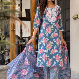 Sangria Yoke Embroidered & Printed Kurta With Trousers & Dupatta Set-13