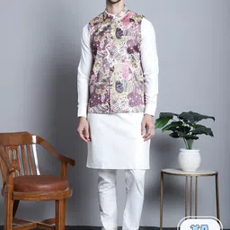 Jompers Band Collar Straight Kurta & Pyjama With Nehru jacket-image-98