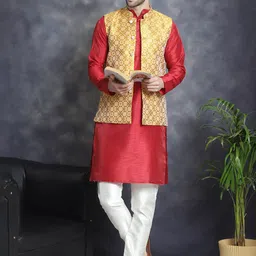 Jompers Mandarin Collar Straight Kurta with Churidar & Nehru Jacket-picture-27