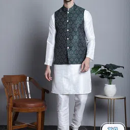 Jompers Band Collar Straight Kurta & Pyjama With Nehru jacket-picture-39