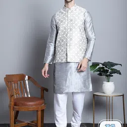 Jompers Mandarin Collar Jacquard Kurta with Churidar With Jacket-picture-33