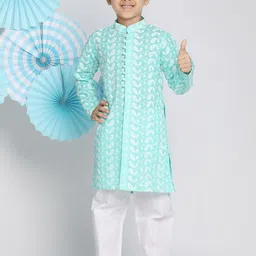 VASTRAMAY Boys Green & White Embroidered Pure Cotton Kurta with Pyjamas-13