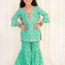 The Mom Store Girls Teal Printed Gotta Patti Pure Cotton Kurta with Sharara-image-0