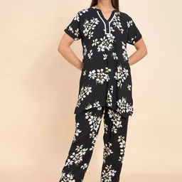 Sweet Dreams Black Floral Printed Kurti With Pyjamas-image-52