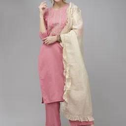 Indo Era Women Pink Floral Yoke Design Regular Gotta Patti Kurta with Trousers & With Dupatta-picture-25