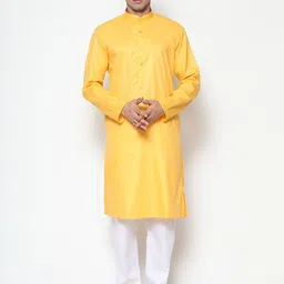 COCOI LIFESTYLE Men Yellow & White Solid Dupion Silk Kurta with Churidar-image-16