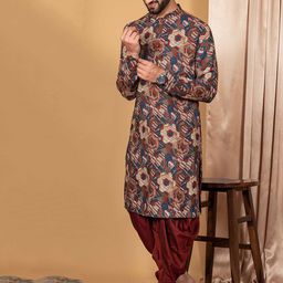 KISAH Men Abstract Woven Design Mandarin Collar Regular Printed Kurta With Dhoti Pants image 1