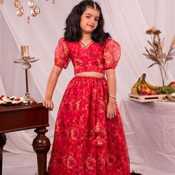 VASTRAMAY Girls Printed Sequinned Foil Print Ready to Wear Organza Lehenga & Choli-picture-3
