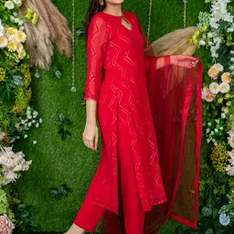Label Shaurya Sanadhya Chevron Embroidered Mirror Work Kurta with Trousers & With image 2