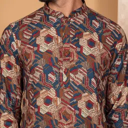 KISAH Men Abstract Woven Design Mandarin Collar Regular Printed Kurta With Dhoti Pants image 2