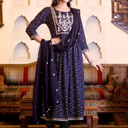 KALINI Bandhani Printed Regular Mirror Work Kurta with Trouser & Dupatta image 3