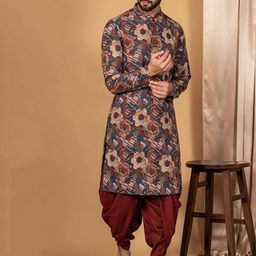 KISAH Men Abstract Woven Design Mandarin Collar Regular Printed Kurta With Dhoti Pants image 4