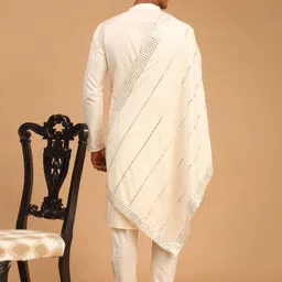 SHRESTHA BY VASTRAMAY Men Cream-Coloured Kurta With Churidar & With Mirror Work Dupatta image 4
